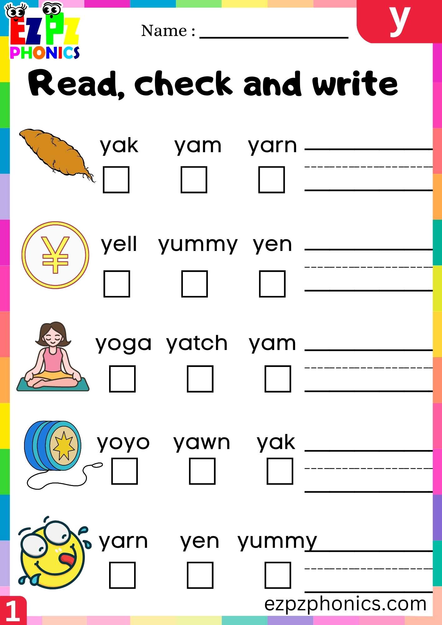 Letter Y Read, Check And Write Beginning Sounds Worksheet